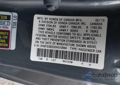 2013 Honda Civic Lx z USA, uszkodzony, nr VIN 2HGFG3B53DH510944